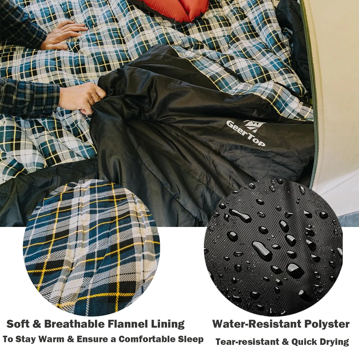 GEERTOP Flannel Sleeping Bags for Adults Big & Tall People Portable Cold Weather Envelope XXL All Seasons Camping Sleeping Bag