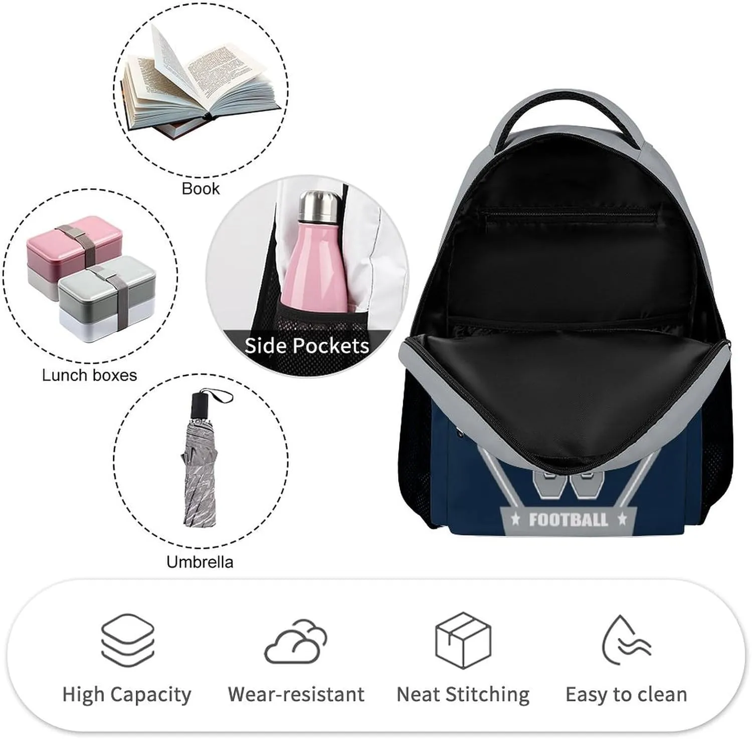Generic Custom Backpack High Capacity Bag Football Fans Gifts for Men Women Teenager, Add Name & Number, Dal09-c