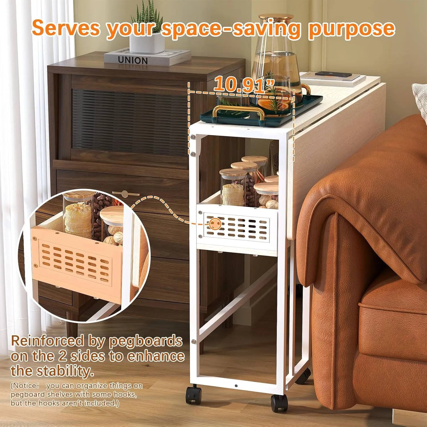 Gezen Folding Desk With Storage Shelf, Small Rolling With Wheels, Mobile Couch Sofa Side Table Bed for Home Office Small Space, Beige, 31.5"
