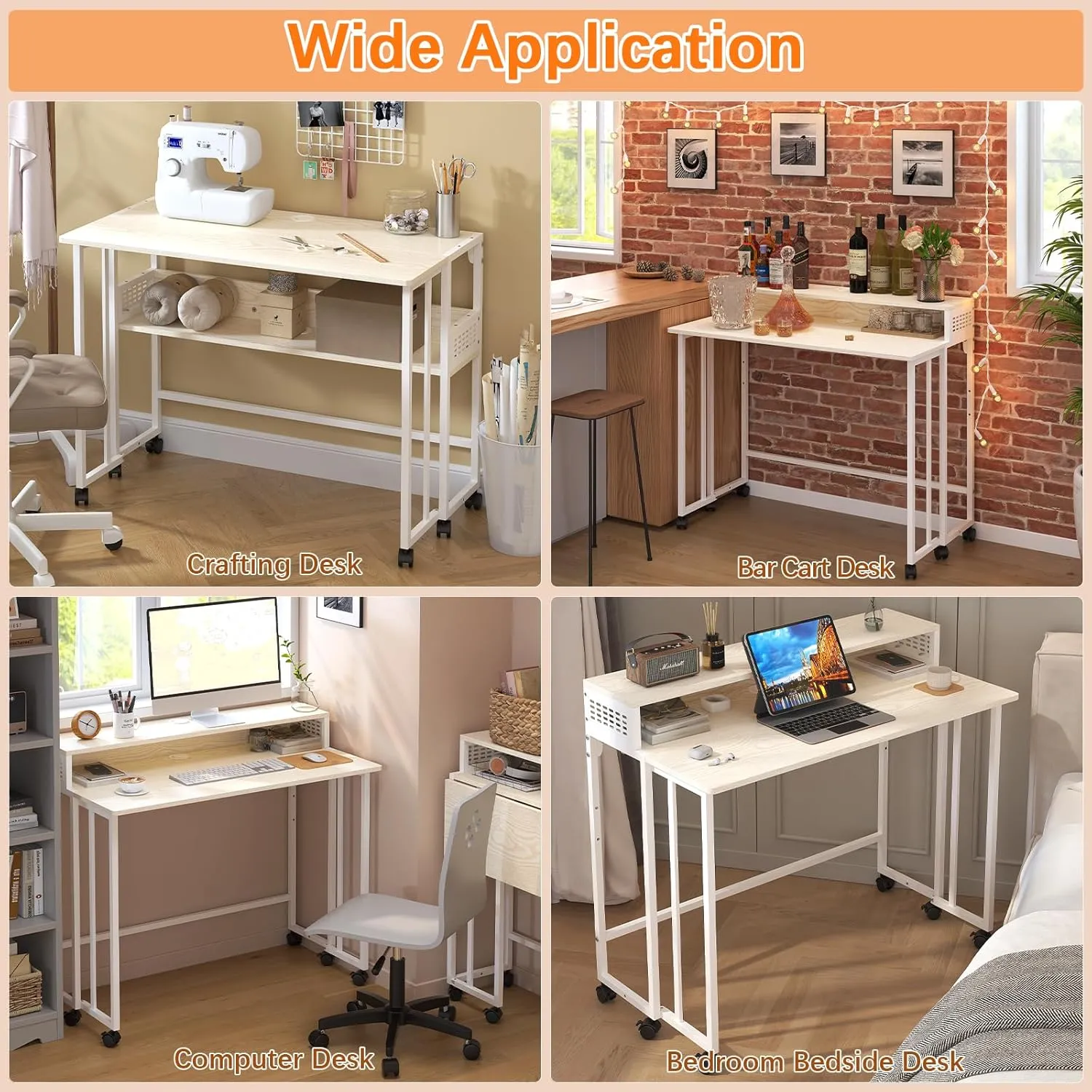 Gezen Folding Desk With Storage Shelf, Small Rolling With Wheels, Mobile Couch Sofa Side Table Bed for Home Office Small Space, Beige, 31.5"