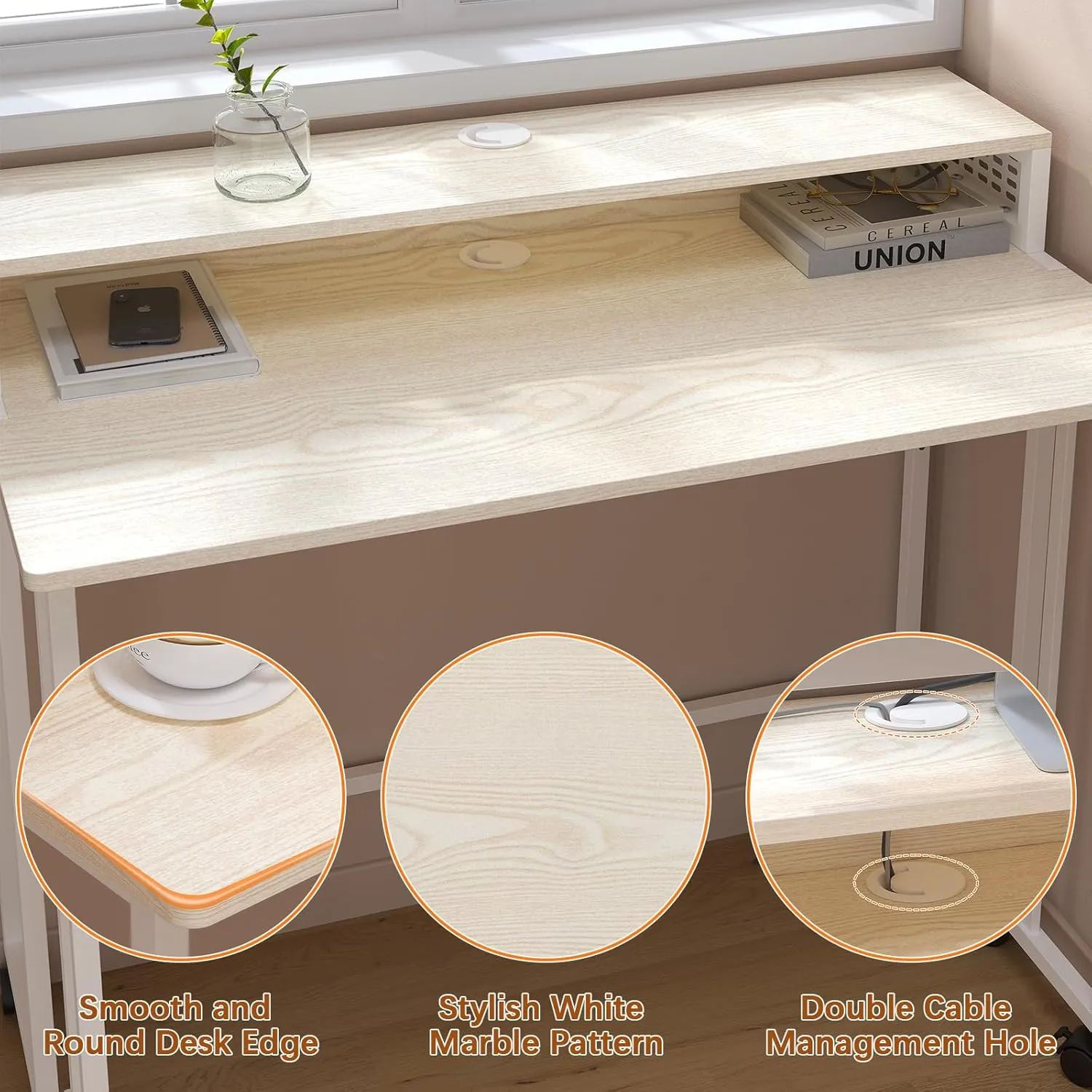 Gezen Folding Desk With Storage Shelf, Small Rolling With Wheels, Mobile Couch Sofa Side Table Bed for Home Office Small Space, Beige, 31.5"
