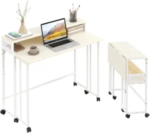Gezen Folding Desk With Storage Shelf, Small Rolling With Wheels, Mobile Couch Sofa Side Table Bed for Home Office Small Space, Beige, 31.5"
