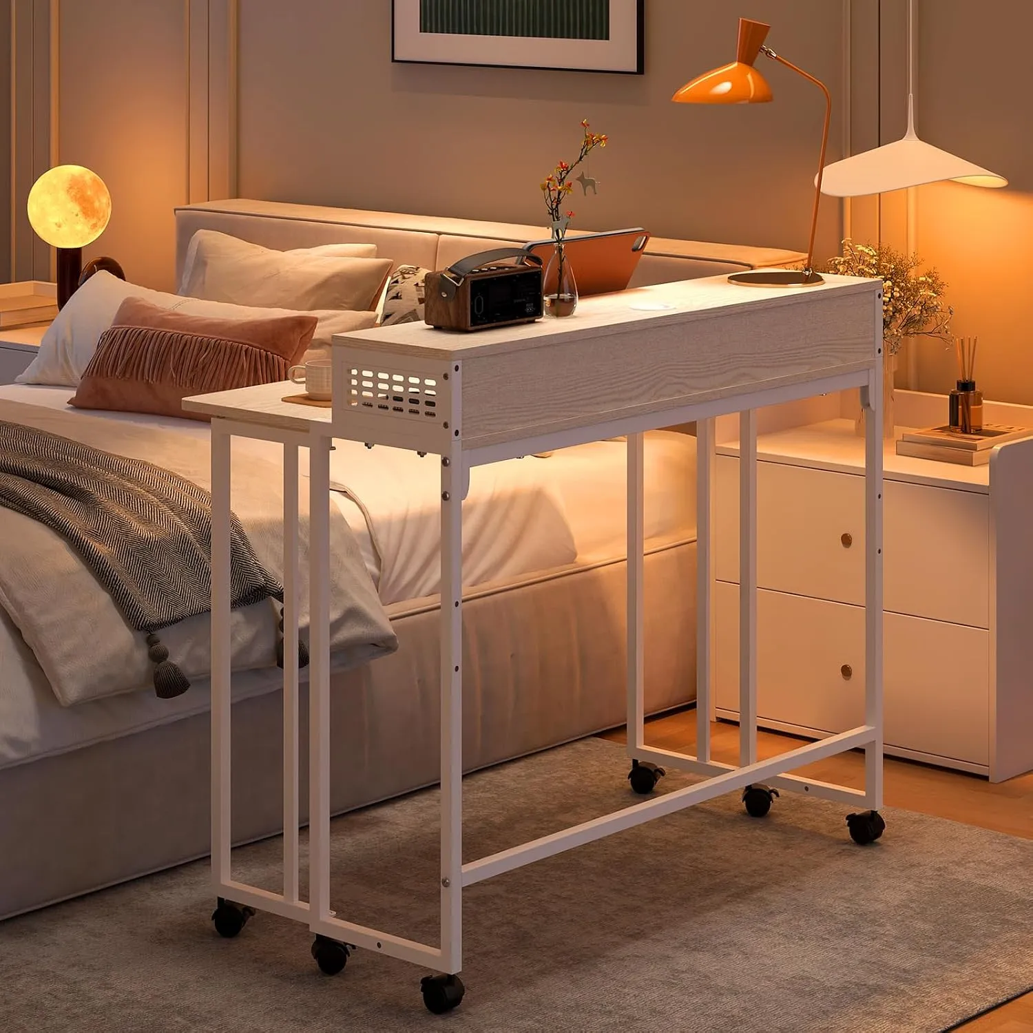 Gezen Folding Desk With Storage Shelf, Small Rolling With Wheels, Mobile Couch Sofa Side Table Bed for Home Office Small Space, Beige, 31.5"