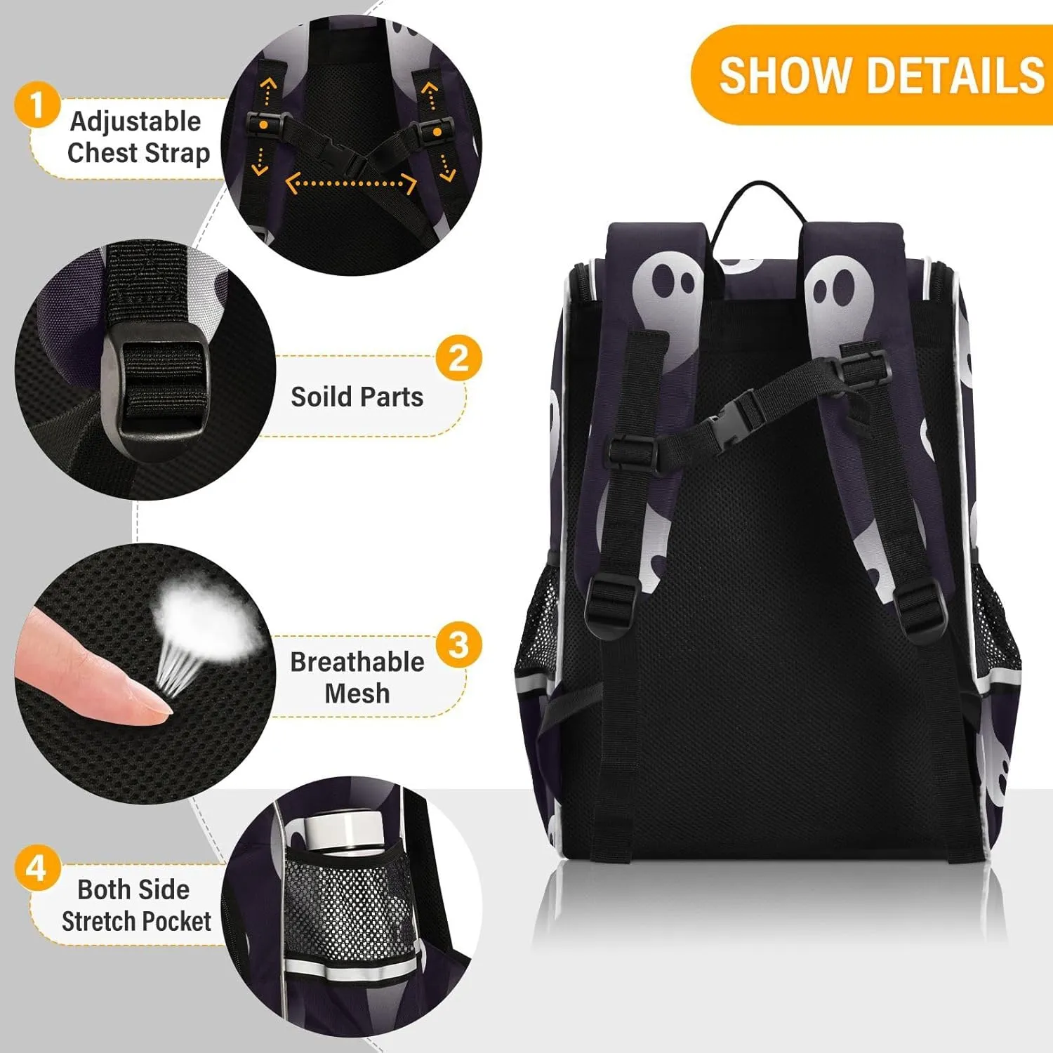 Ghost Student Backpack Boys and Girls Large Capacity School Book Bag 16 Inches, Multifunctional Computer Bag School Bag Travel Shoulder Bag
