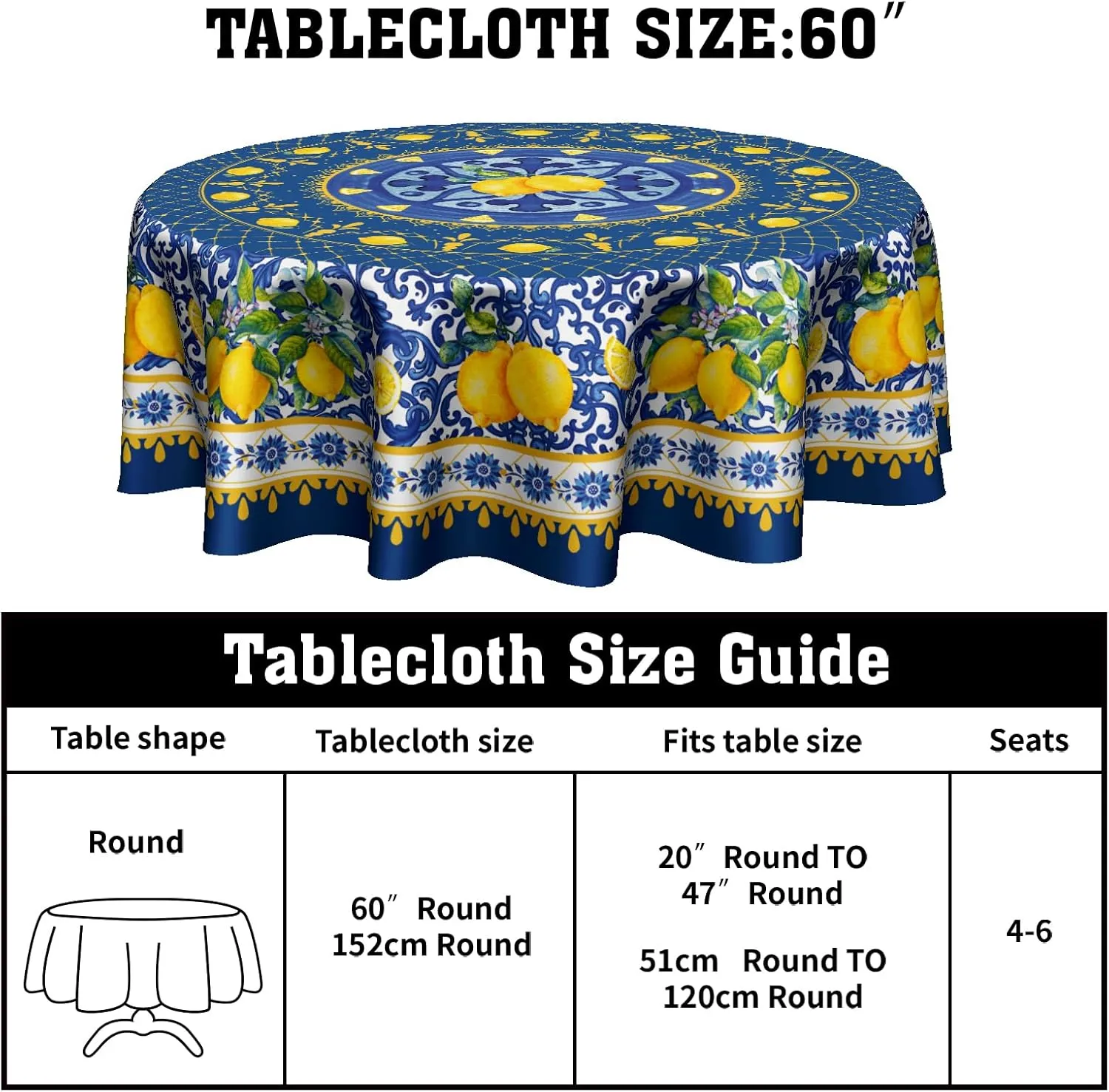 Giwawa Blue Lemon Tablecloth Round 60 Inch Boho Floral Fabric Table Cover Washable Waterproof Table Cloth for Kitchen Dining Picnic Party Decor