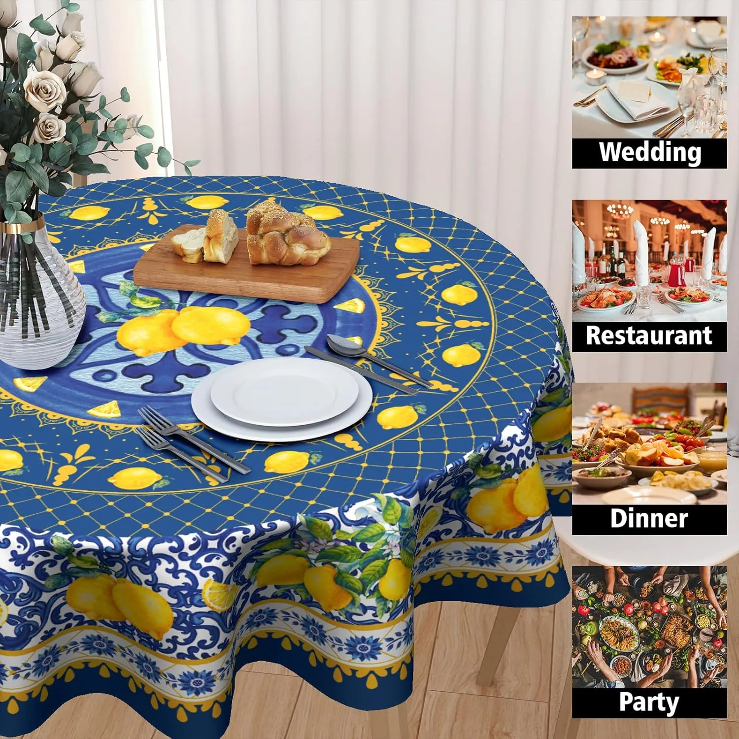 Giwawa Blue Lemon Tablecloth Round 60 Inch Boho Floral Fabric Table Cover Washable Waterproof Table Cloth for Kitchen Dining Picnic Party Decor