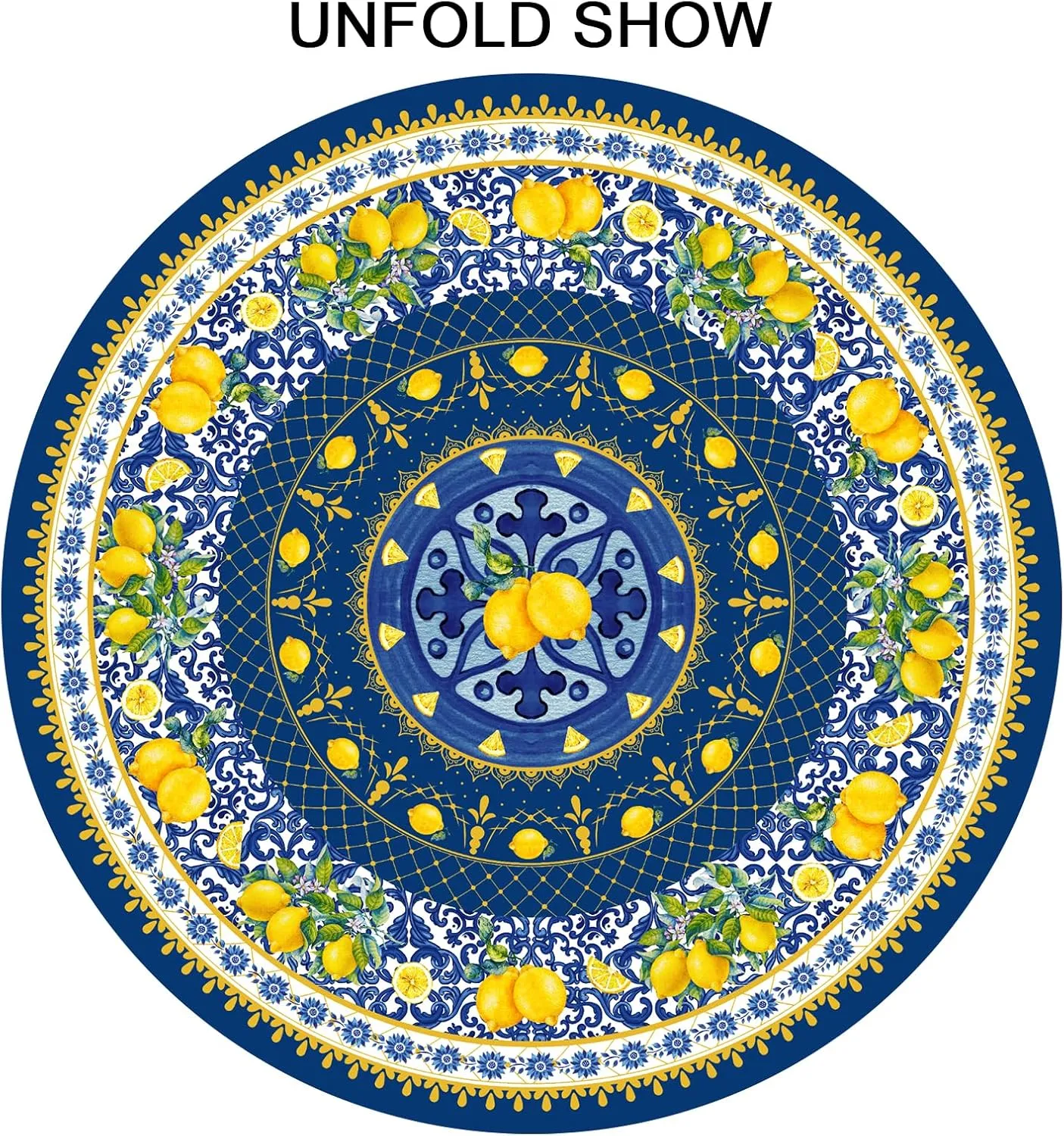 Giwawa Blue Lemon Tablecloth Round 60 Inch Boho Floral Fabric Table Cover Washable Waterproof Table Cloth for Kitchen Dining Picnic Party Decor