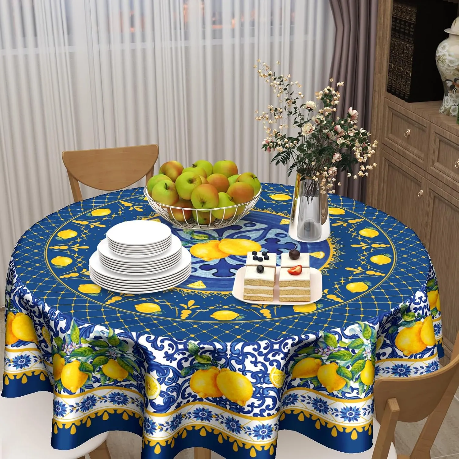 Giwawa Blue Lemon Tablecloth Round 60 Inch Boho Floral Fabric Table Cover Washable Waterproof Table Cloth for Kitchen Dining Picnic Party Decor