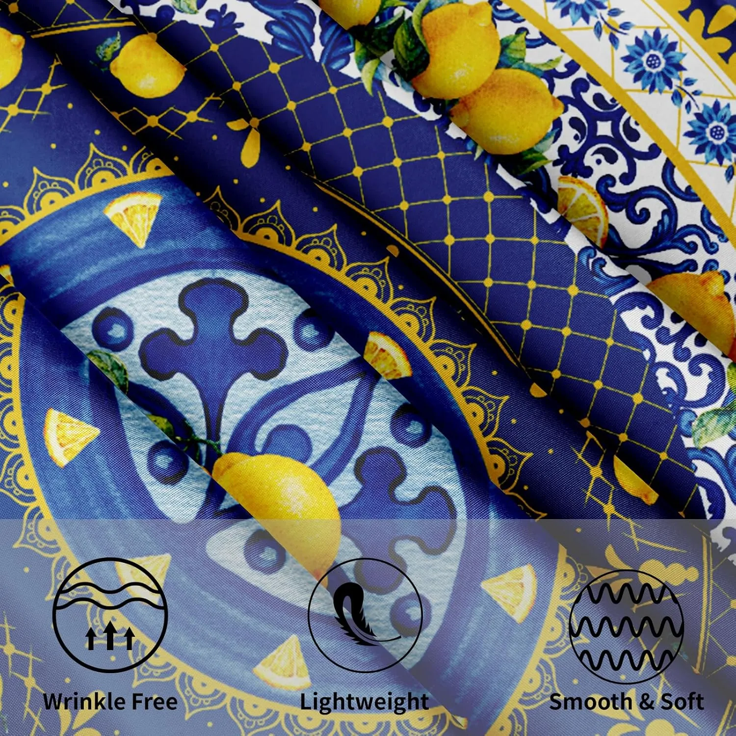 Giwawa Blue Lemon Tablecloth Round 60 Inch Boho Floral Fabric Table Cover Washable Waterproof Table Cloth for Kitchen Dining Picnic Party Decor