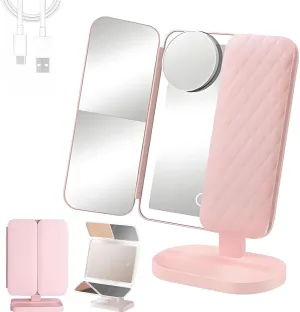 Glisera Smart Mirror, Glisera Makeup Mirror, 3 Color LED Makeup Mirror with Magnification, Makeup Vanity Mirror with Lights, 270° Rotation Makeup Mirror, Folding Three-Sided Makeup Mirror(Pink)