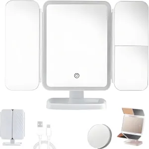 Glisera Smart Mirror, Glisera Makeup Mirror, 3 Color LED Makeup Mirror with Magnification, Makeup Vanity Mirror with Lights, 270° Rotation Makeup Mirror, Folding Three-Sided Makeup Mirror(White)
