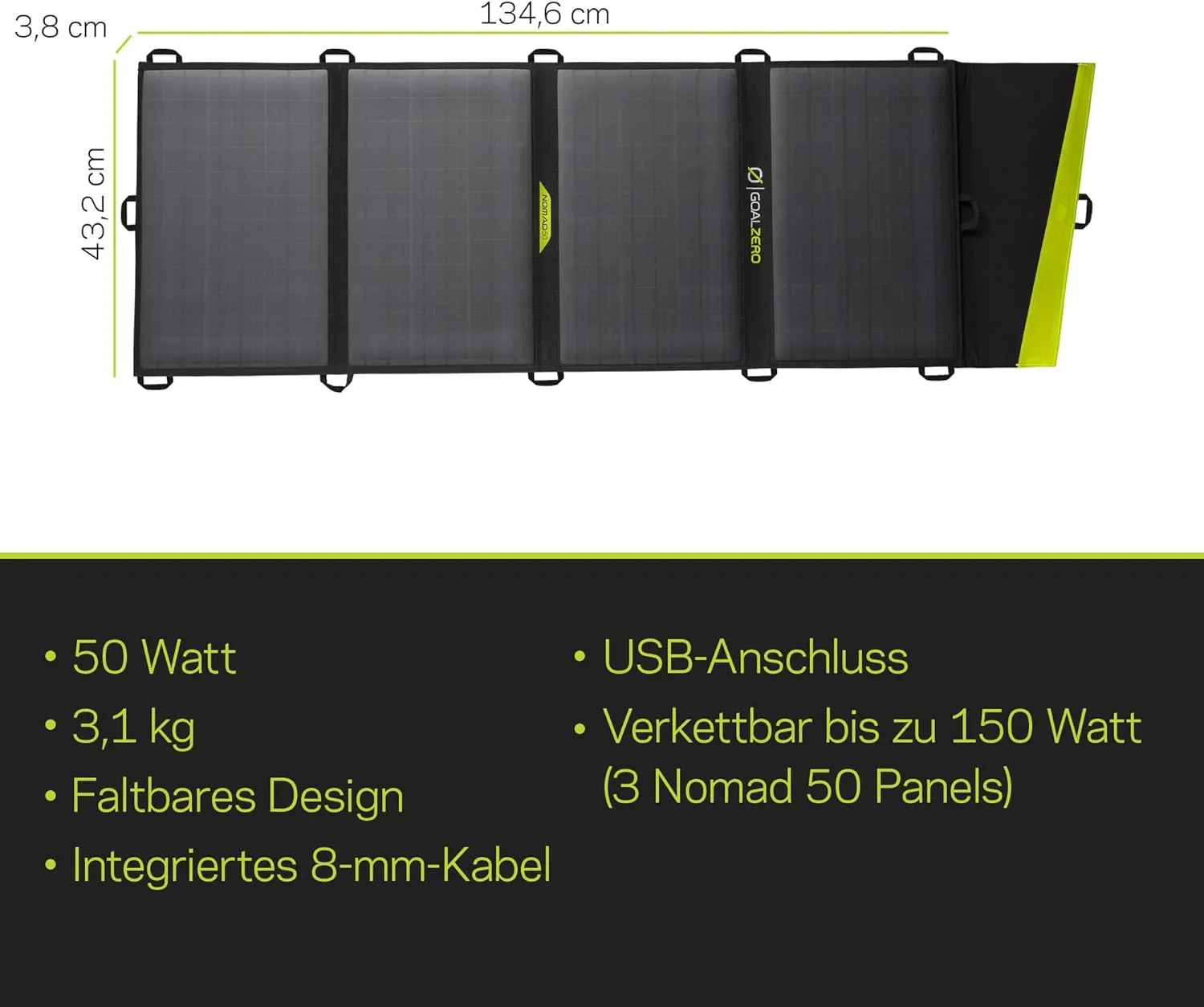 Goal Zero Nomad 50, Foldable Monocrystalline 50 Watt Solar Panel with 8mm   USB Port, Portable Charger for Yeti Power Generator and Banks. Lightweight 18-22V 50W