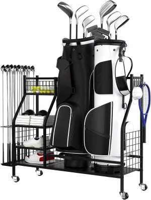 Golf Storage Organizer for Garage, Double Golf Bag Stand Storage Rack with Lockable Wheels, Extra Large Golf Organizer for Golf Clubs and Golf Accessories, Ideal Gifts for Golfer
