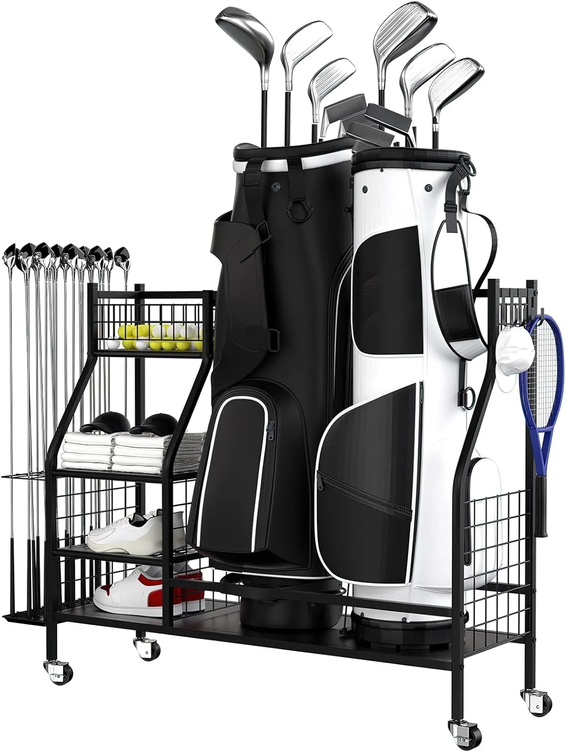 Golf Storage Organizer for Garage, Double Golf Bag Stand Storage Rack with Lockable Wheels, Extra Large Golf Organizer for Golf Clubs and Golf Accessories, Ideal Gifts for Golfer