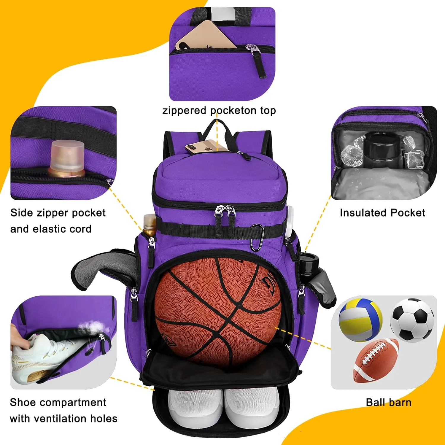 Goloni Basketball Backpack,Large Sports Bag with Ball Compartment & Shoe Compartment for Basketball, Soccer, Volleyball,Gym