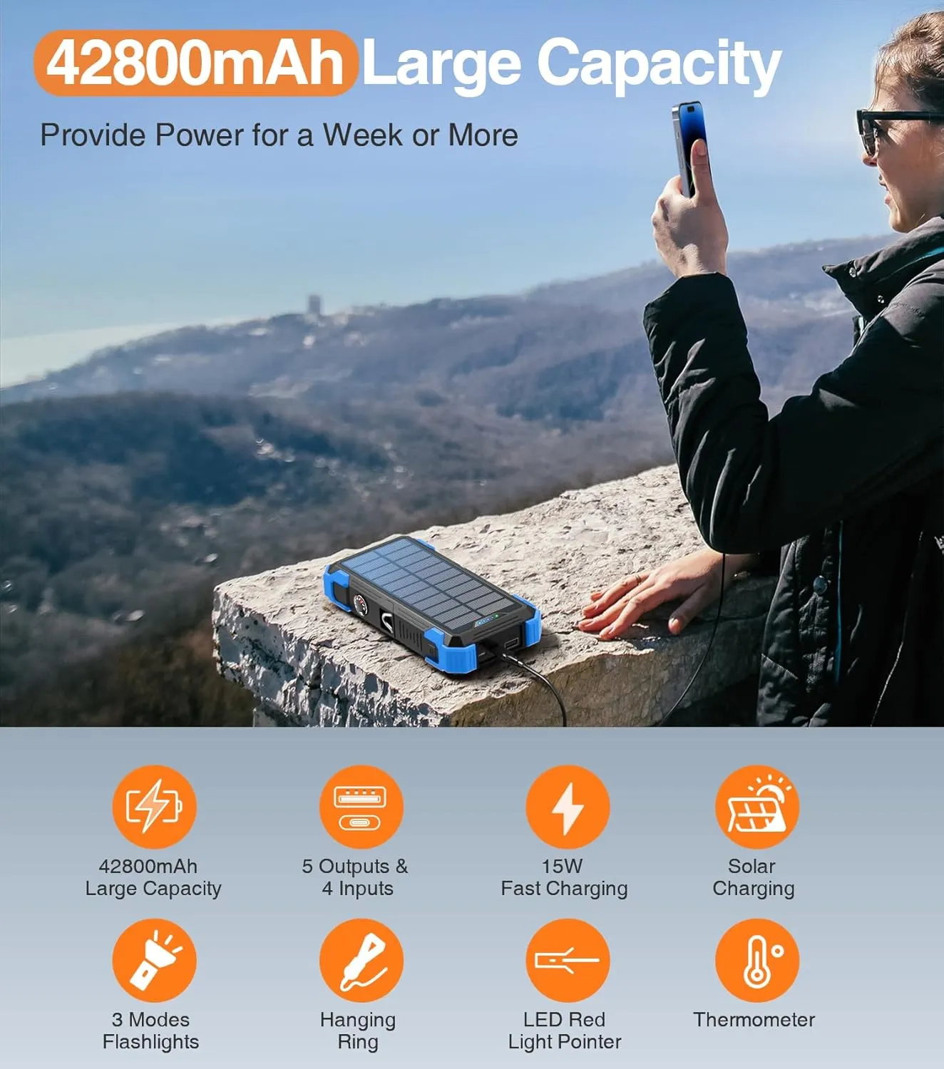 GOODaaa Power Bank Portable Charger 42800mAh Built in 4 Cables and Thermometer 15W Fast Charging Power Bank Five Outputs Three Inputs Solar Charger Power Bank, SOS/Strobe/Strong Flashlights, Carabiner