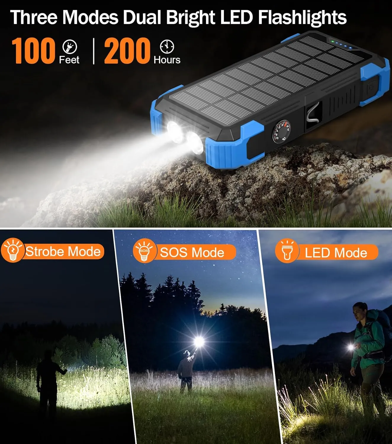 GOODaaa Power Bank Portable Charger 42800mAh Built in 4 Cables and Thermometer 15W Fast Charging Power Bank Five Outputs Three Inputs Solar Charger Power Bank, SOS/Strobe/Strong Flashlights, Carabiner
