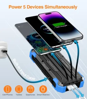 GOODaaa Power Bank Portable Charger 42800mAh Built in 4 Cables and Thermometer 15W Fast Charging Power Bank Five Outputs Three Inputs Solar Charger Power Bank, SOS/Strobe/Strong Flashlights, Carabiner