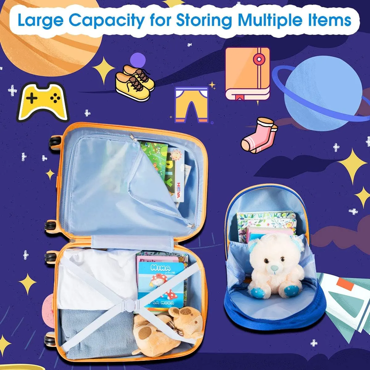 Goplus Kids Luggage Set, 12" & 18" Kids Carry On Luggage Set, Multi-directional Wheels Suitcase, Large Capacity Rolling Trolley Suitcase, Gift for Boys and Girls Toddlers Children Travel