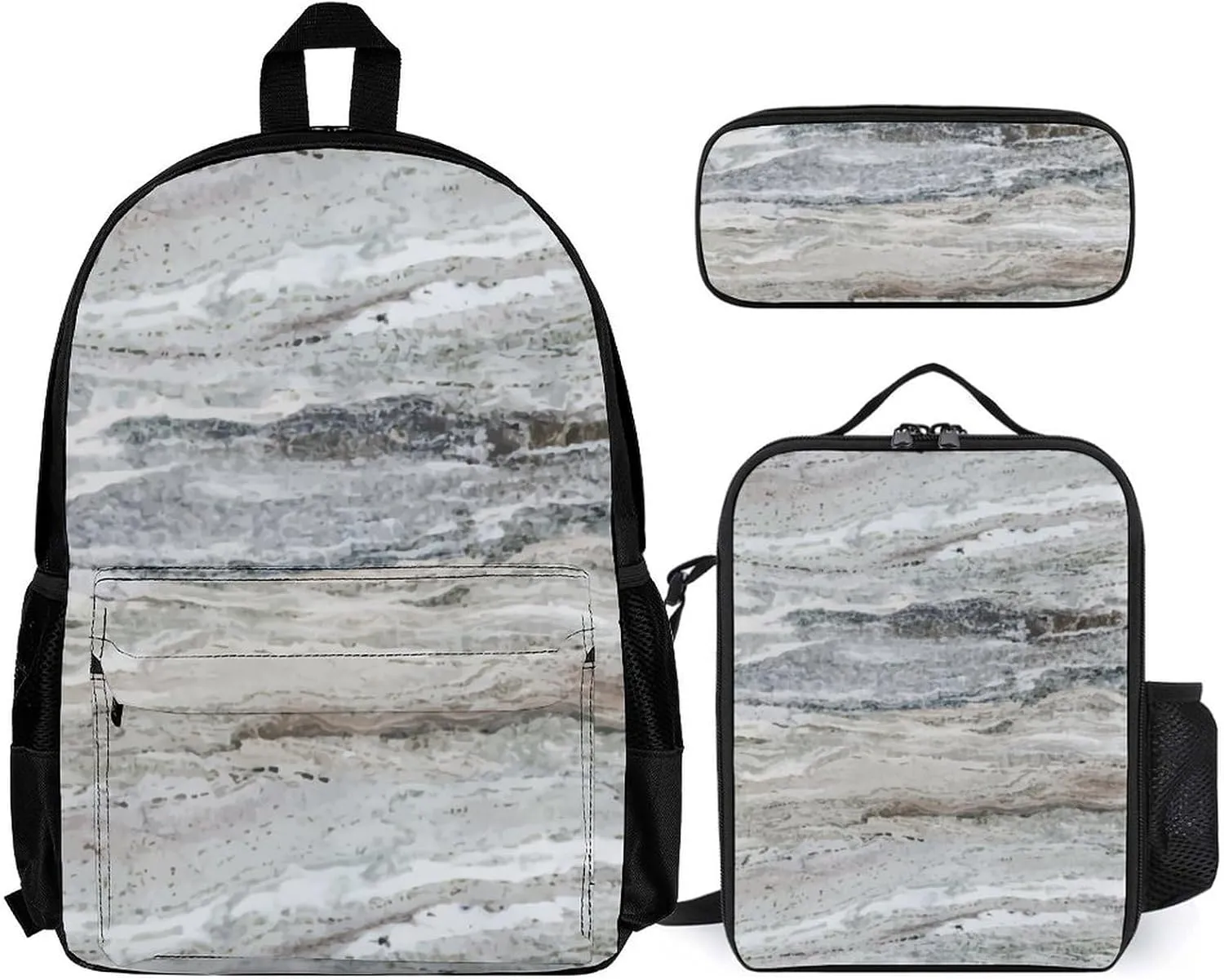 Granite Stone Look Pattern Fashionable Printed Backpack, Lightweight And Large Capacity with Insulated Lunch Bag And Pencil Case