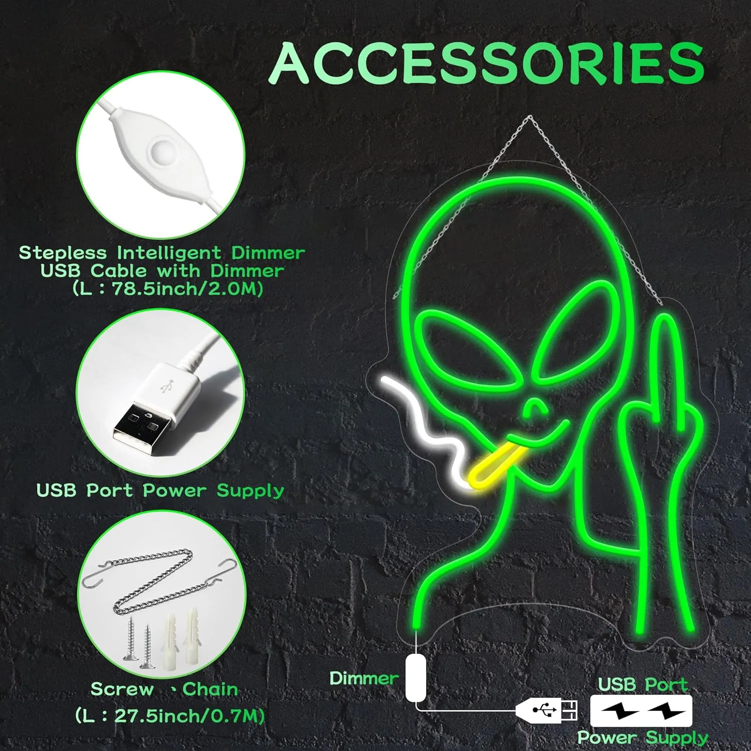 Green Alien Neon Signs, Dimmable LED Neon Signs for Wall Decor Bedroom Man Cave Game Room Home Bar Party Decor, LED Alien Neon Light for Kids Birthday Gift (Green Alien)