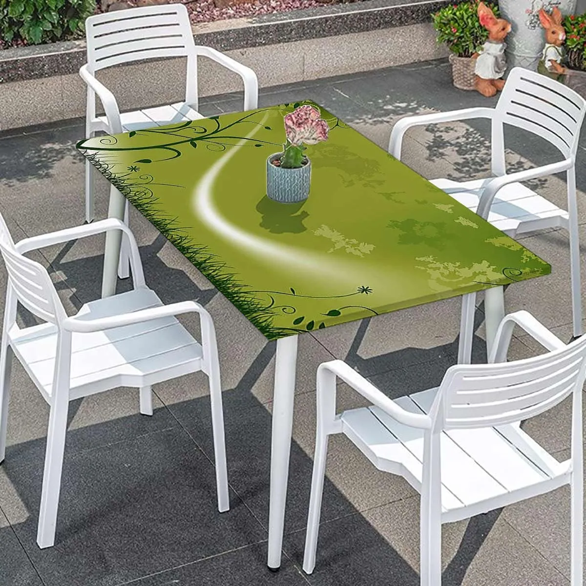 Green Black White Fitted Tablecloth for Rectangle Table Swan Floating Waterproof Elastic Fitted Table Covers,Camping, Indoor, Outdoor Abstract Fits up 5 Foot Tables