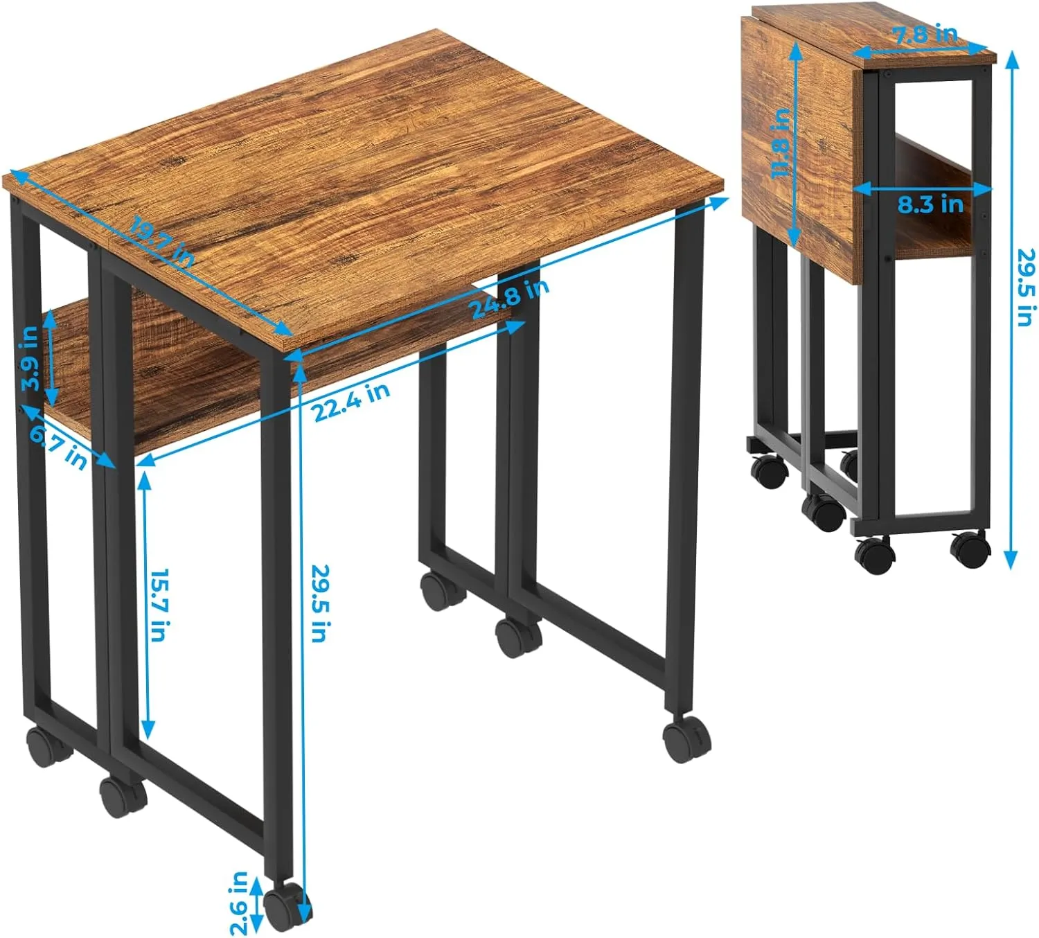 GreenForest Folding Desk Small Rolling Desk with Storage Shelf, 24.8 inch Foldable Computer Desk with Wheels for Small Space, Easy Assembly,Walnut