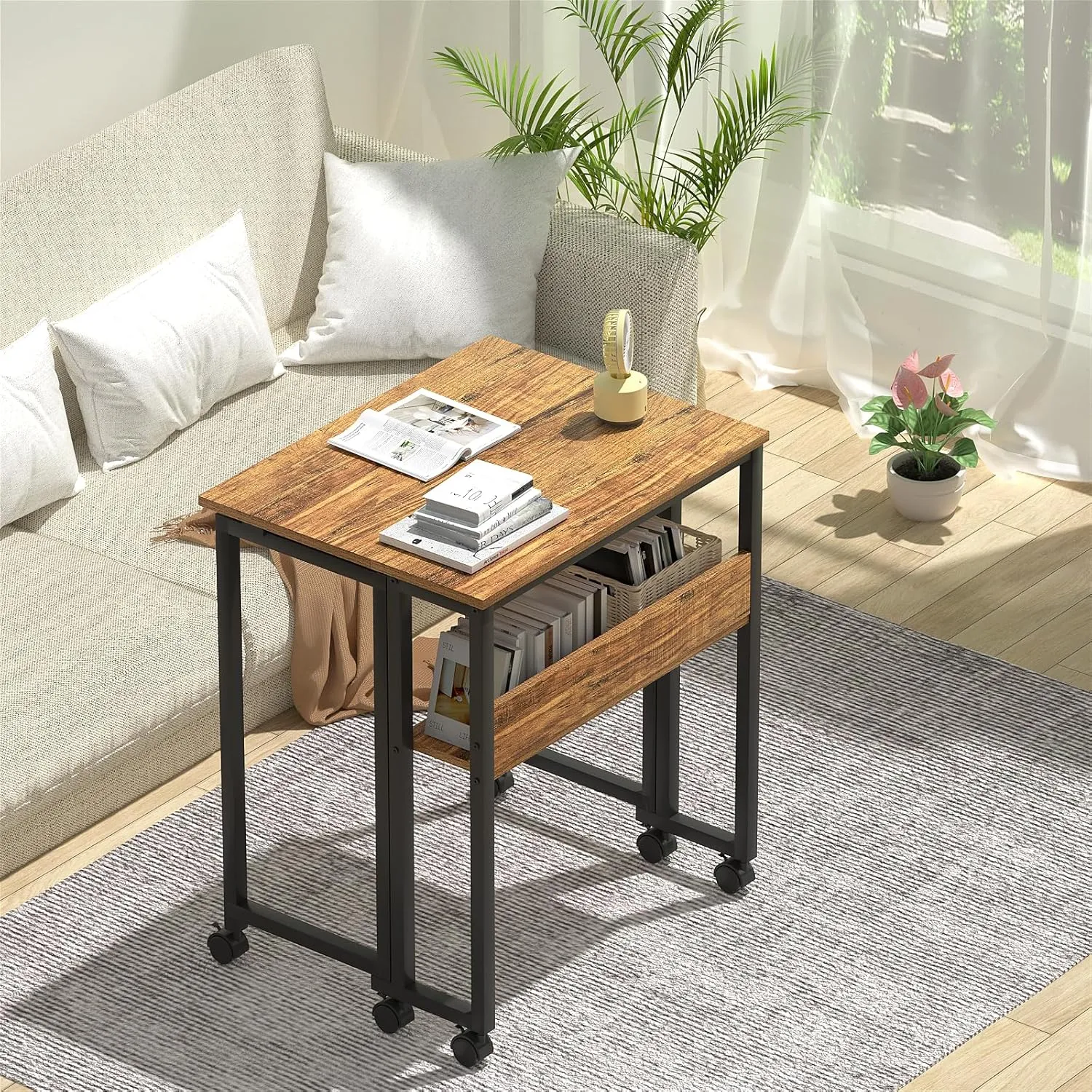 GreenForest Folding Desk Small Rolling Desk with Storage Shelf, 24.8 inch Foldable Computer Desk with Wheels for Small Space, Easy Assembly,Walnut