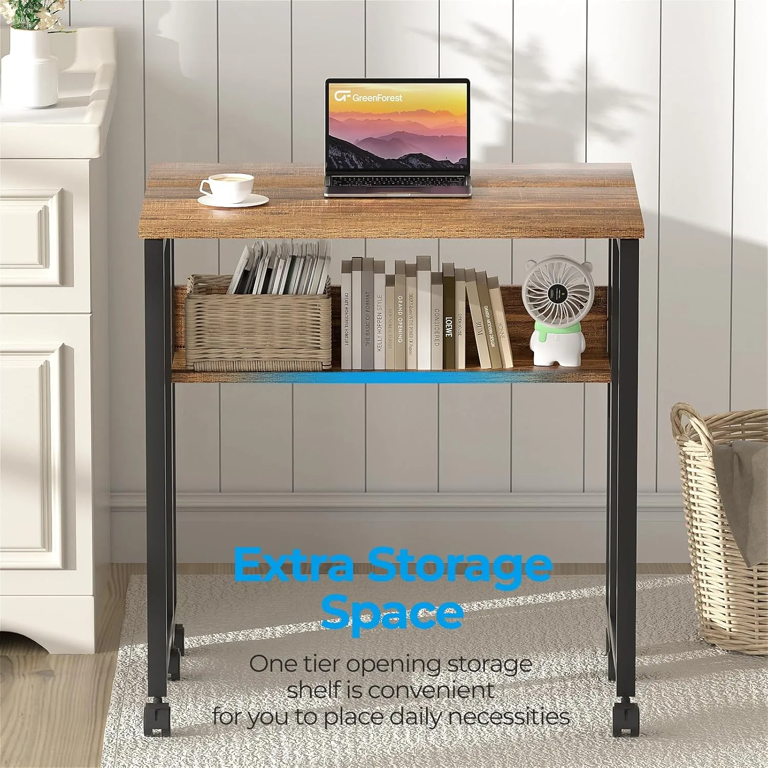 GreenForest Folding Desk Small Rolling Desk with Storage Shelf, 24.8 inch Foldable Computer Desk with Wheels for Small Space, Easy Assembly,Walnut