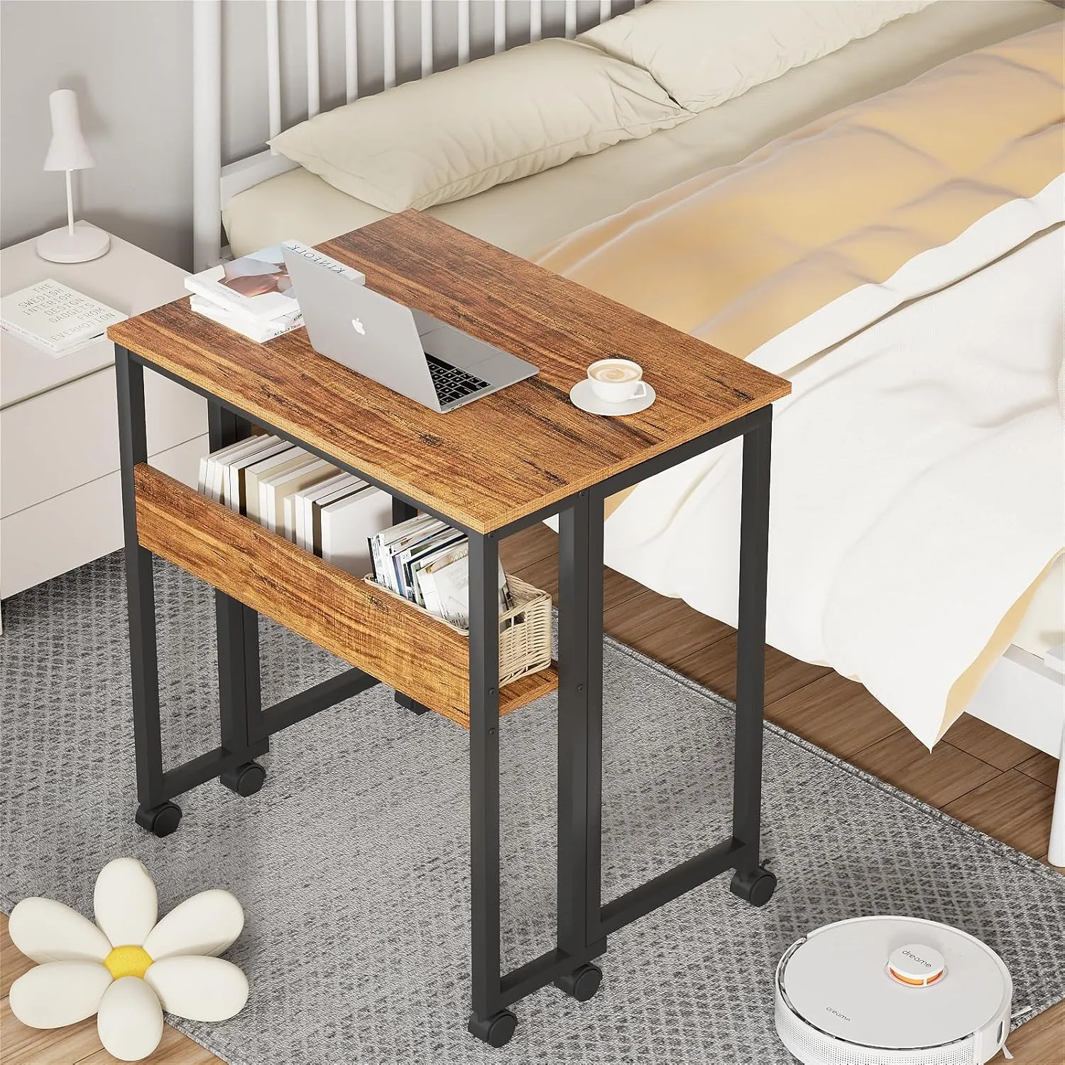 GreenForest Folding Desk Small Rolling Desk with Storage Shelf, 24.8 inch Foldable Computer Desk with Wheels for Small Space, Easy Assembly,Walnut