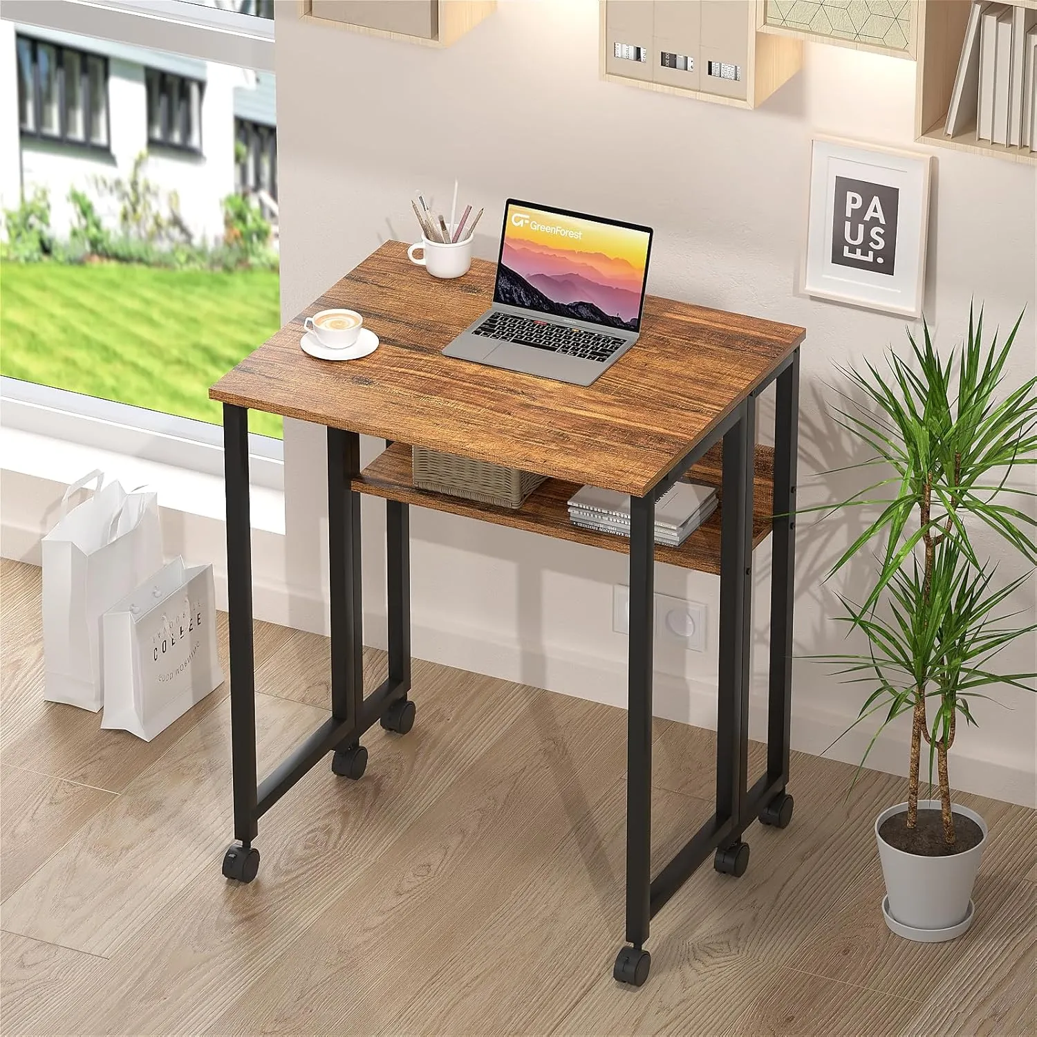 GreenForest Folding Desk Small Rolling Desk with Storage Shelf, 24.8 inch Foldable Computer Desk with Wheels for Small Space, Easy Assembly,Walnut