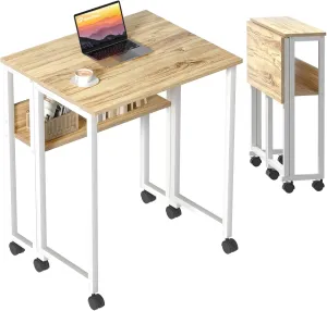 GreenForest Folding Desk Small Rolling Desk with Storage Shelf,31.5 inch Foldable Computer Desk with Wheels for Small Space, Easy Assembly,Oak