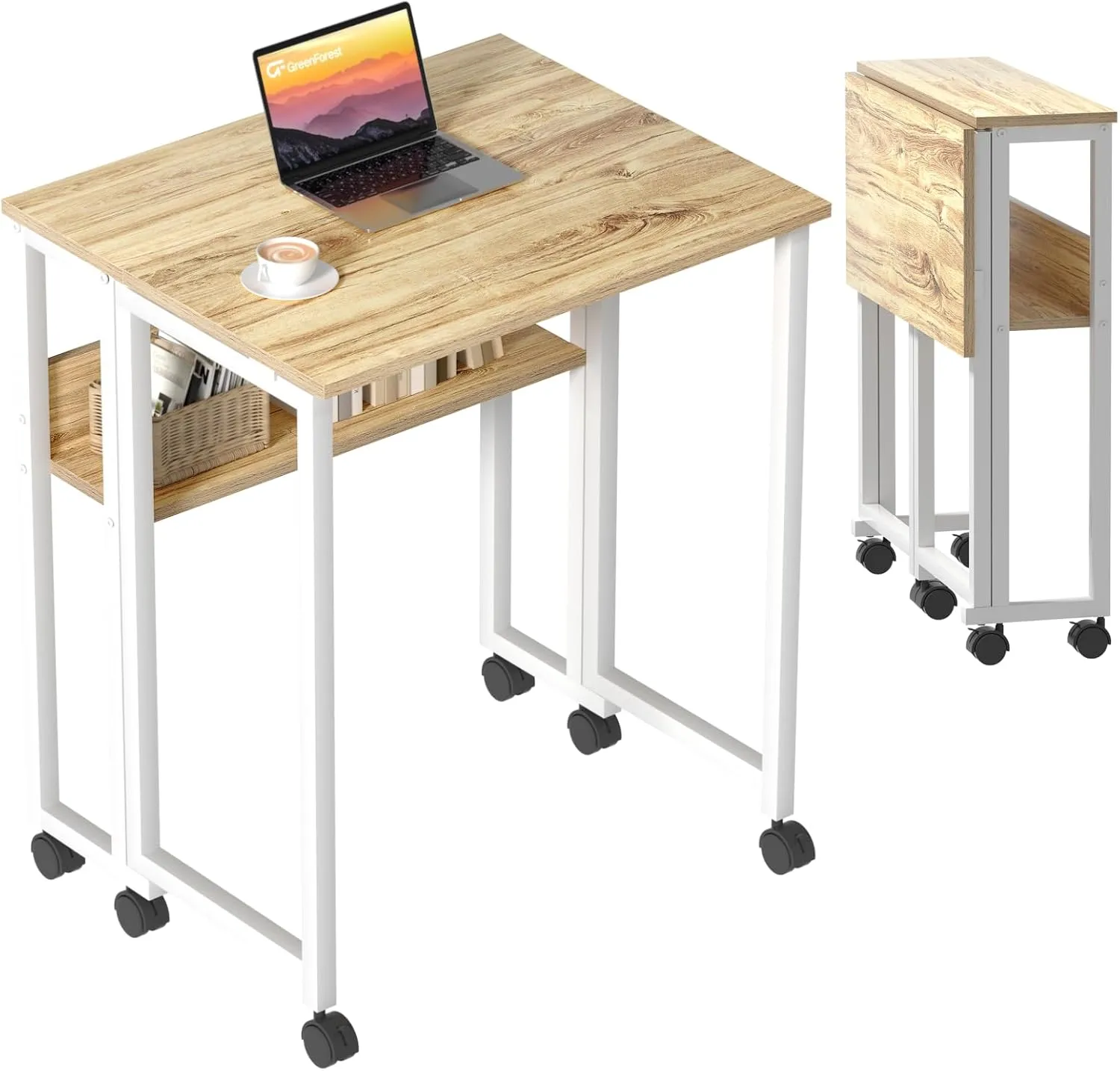 GreenForest Folding Desk Small Rolling Desk with Storage Shelf,31.5 inch Foldable Computer Desk with Wheels for Small Space, Easy Assembly,Oak