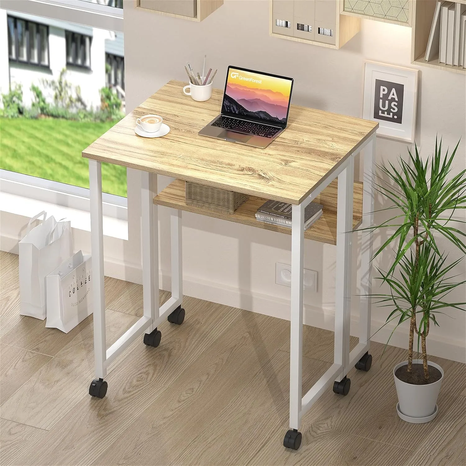 GreenForest Folding Desk Small Rolling Desk with Storage Shelf,31.5 inch Foldable Computer Desk with Wheels for Small Space, Easy Assembly,Oak