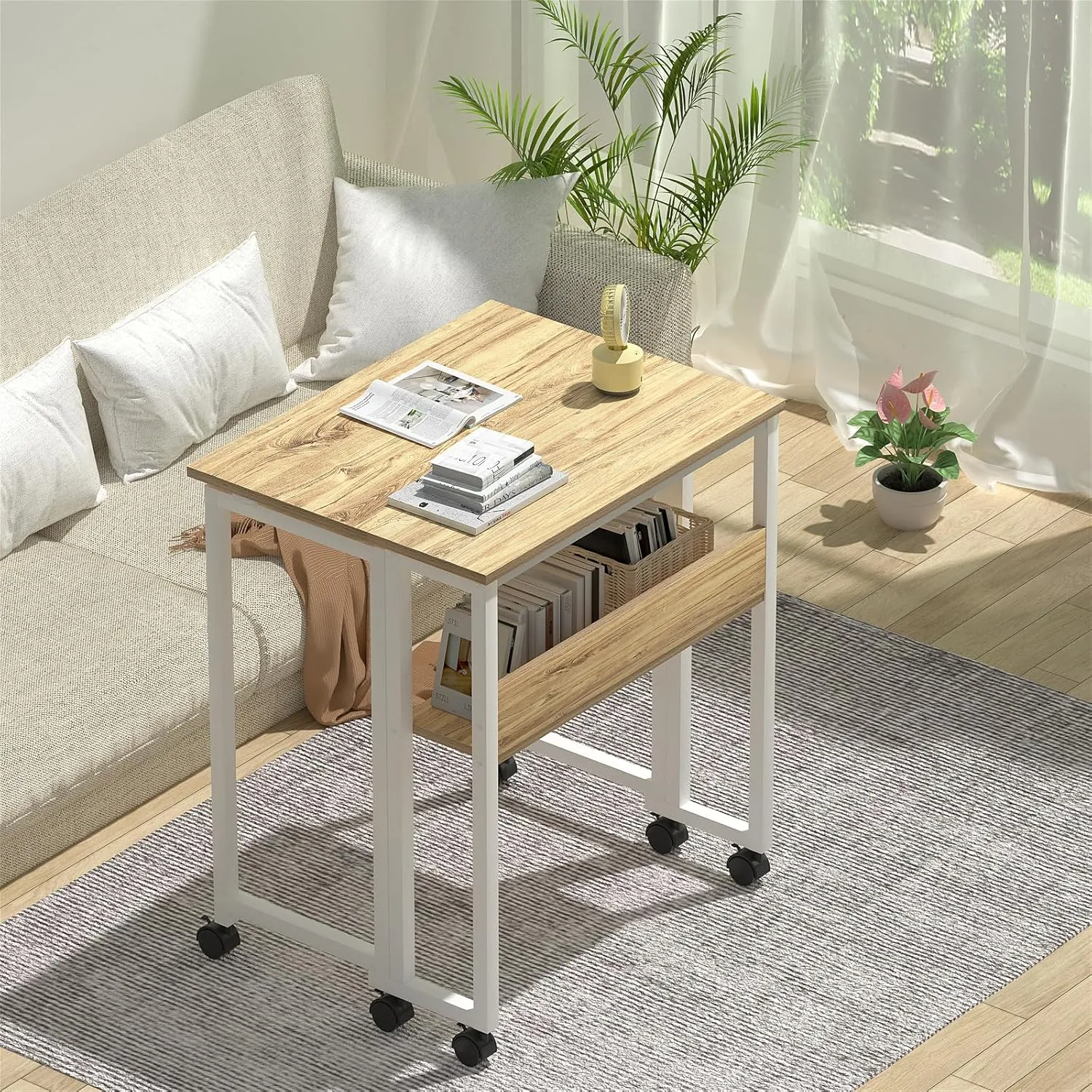 GreenForest Folding Desk Small Rolling Desk with Storage Shelf,31.5 inch Foldable Computer Desk with Wheels for Small Space, Easy Assembly,Oak