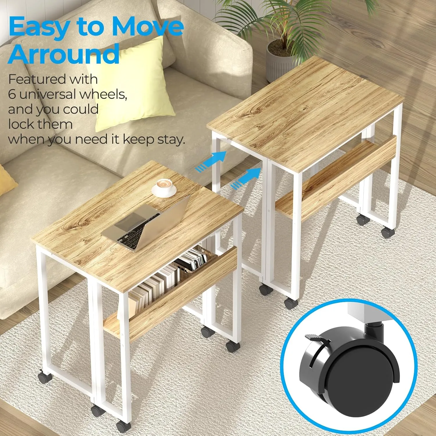 GreenForest Folding Desk Small Rolling Desk with Storage Shelf,31.5 inch Foldable Computer Desk with Wheels for Small Space, Easy Assembly,Oak