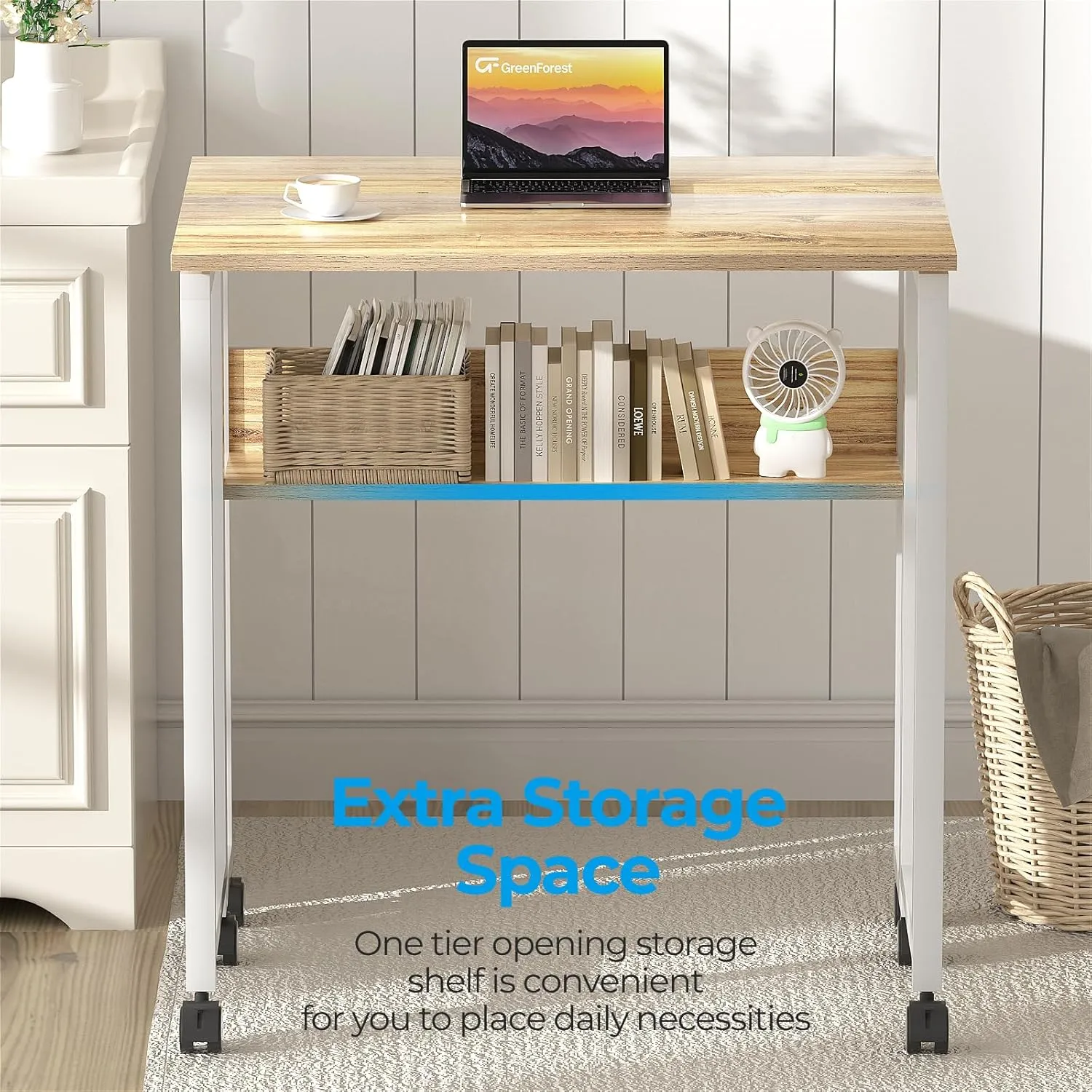 GreenForest Folding Desk Small Rolling Desk with Storage Shelf,31.5 inch Foldable Computer Desk with Wheels for Small Space, Easy Assembly,Oak