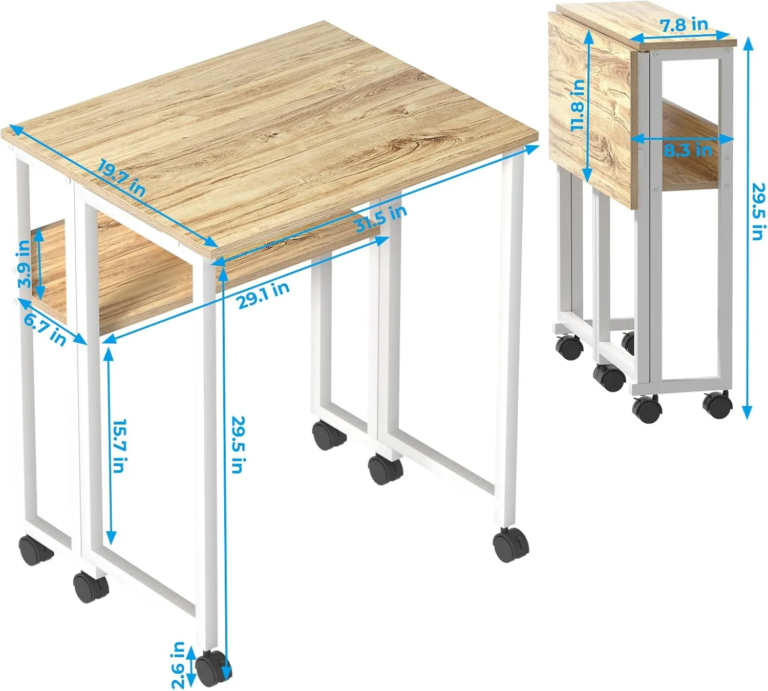 GreenForest Folding Desk Small Rolling Desk with Storage Shelf,31.5 inch Foldable Computer Desk with Wheels for Small Space, Easy Assembly,Oak
