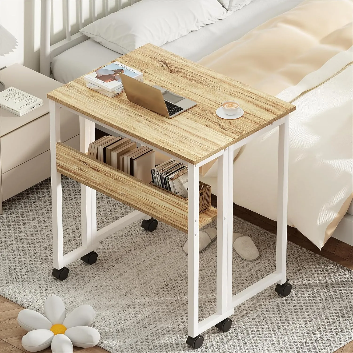 GreenForest Folding Desk Small Rolling Desk with Storage Shelf,31.5 inch Foldable Computer Desk with Wheels for Small Space, Easy Assembly,Oak
