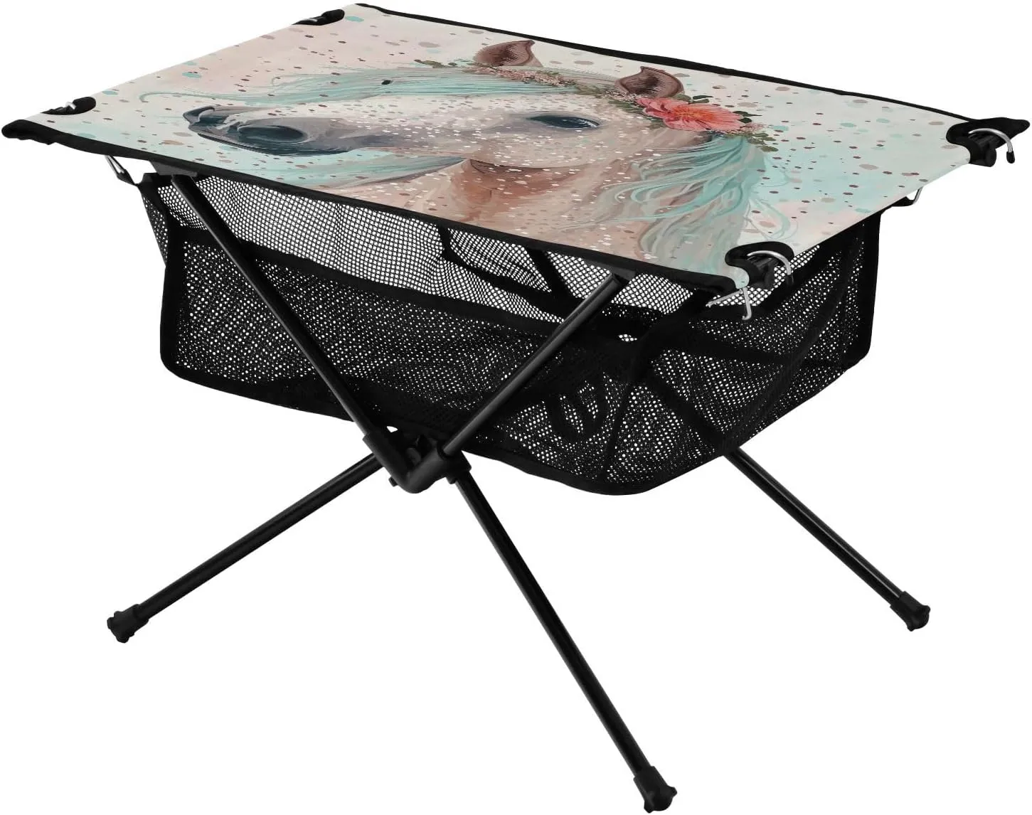 Grey Horse with Floral Portable Folding Camping Table, Compact Lightweight Beach Table with Carrying Bag for Outdoor Picnics, BBQs, Camp