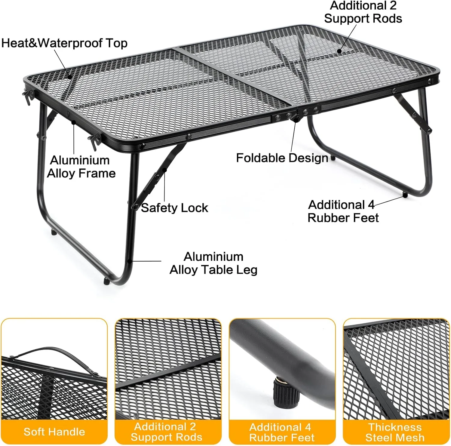 Grill Table Camping Table 2FT Foldable Small Folding Table Low Picnic Table Portable Stand Mesh Outdoor Indoor Card BBQ RV Black 23.6×15.7×9.5 inch