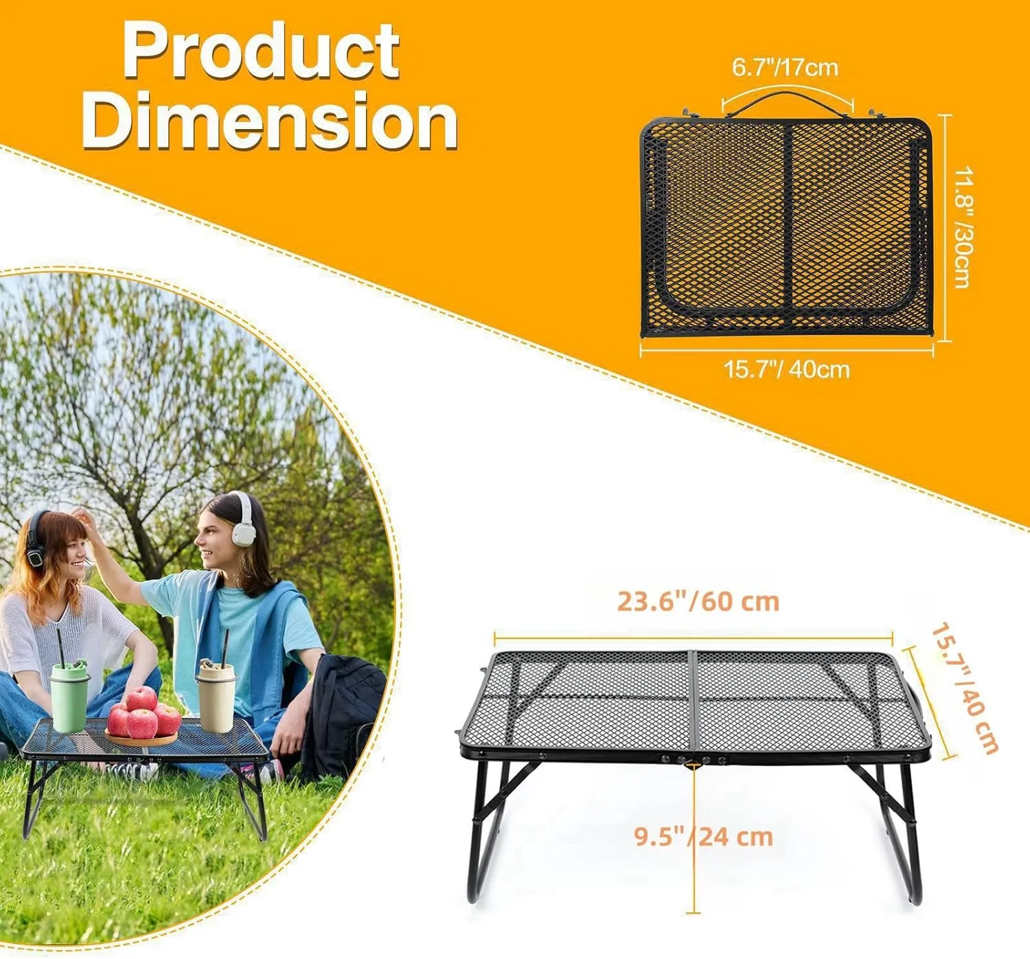 Grill Table Camping Table 2FT Foldable Small Folding Table Low Picnic Table Portable Stand Mesh Outdoor Indoor Card BBQ RV Black 23.6×15.7×9.5 inch
