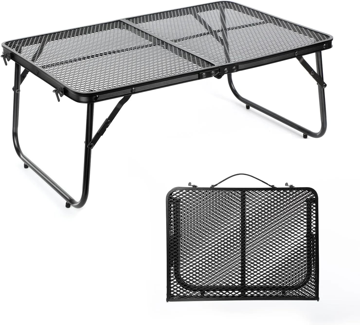 Grill Table Camping Table 2FT Foldable Small Folding Table Low Picnic Table Portable Stand Mesh Outdoor Indoor Card BBQ RV Black 23.6×15.7×9.5 inch