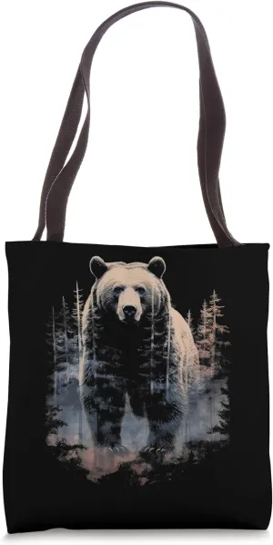 Grizzly Bear Forest Graphic - Double Exposure Style Tote Bag