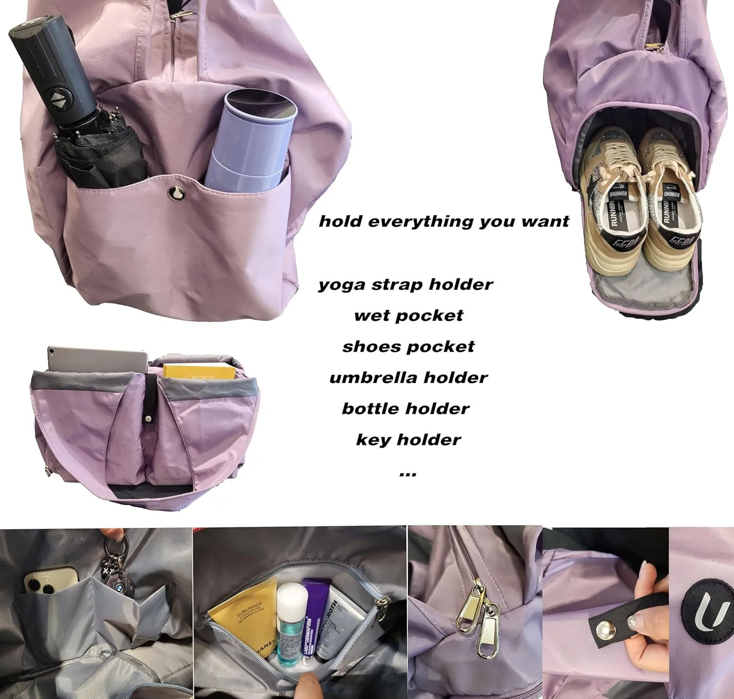 Gym Bag with Shoes Compartment and Wet/Dry Storage Pockets - Adjustable Yoga Mat Holder (Purple)