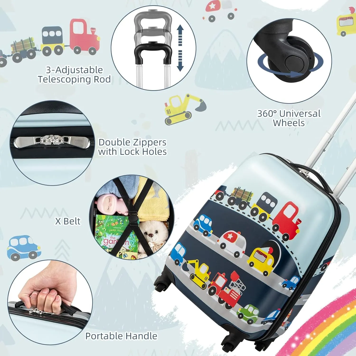 GYMAX Kids Carry On Luggage Set, 12" & 16" 2PCS Rolling Suitcase