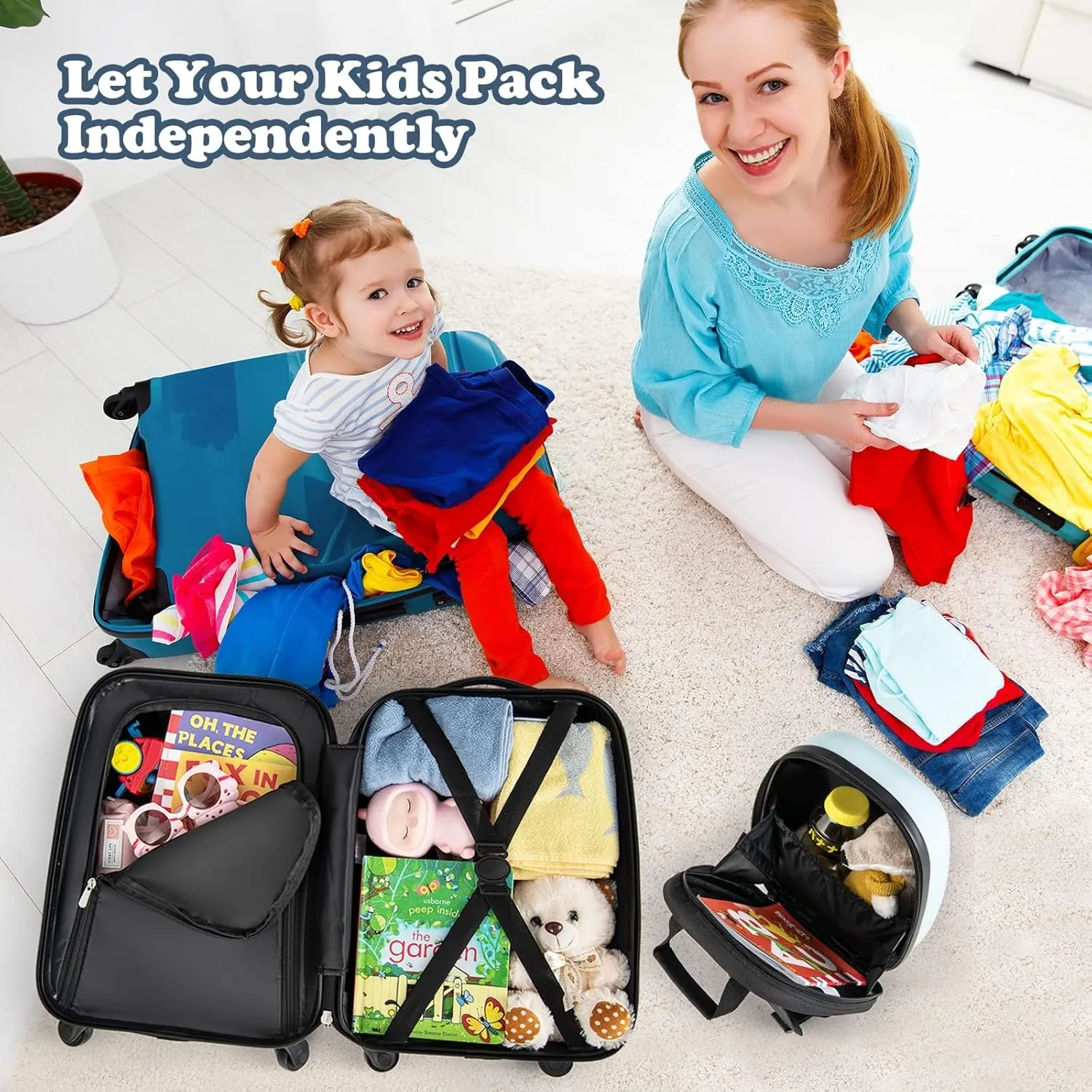 GYMAX Kids Carry On Luggage Set, 12" & 16" 2PCS Rolling Suitcase