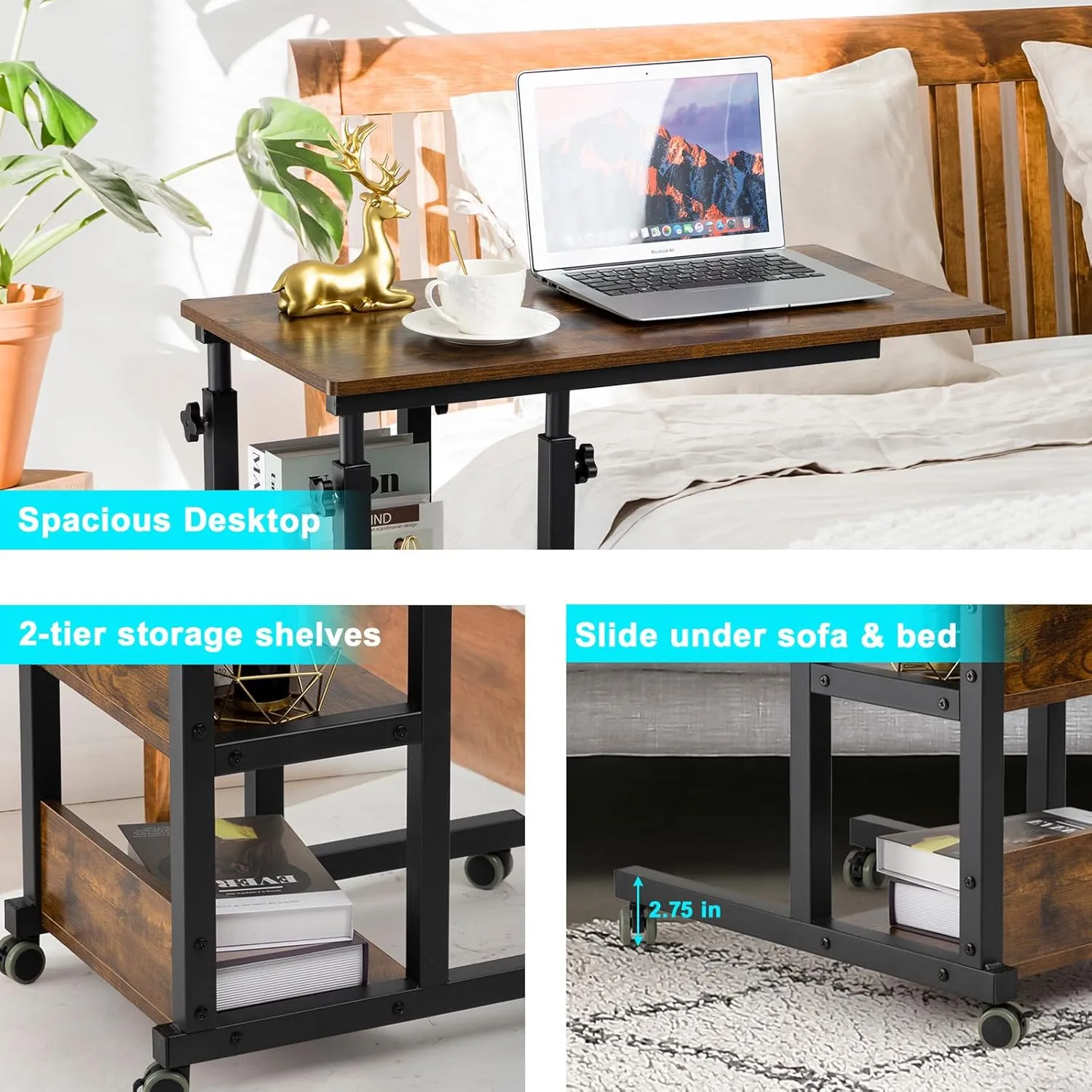 Hadulcet C Shaped Side Table Adjustable, Height Adjustable C Table with Wheels and Storage Shelves for Couch Bed Recliner Rustic Brown