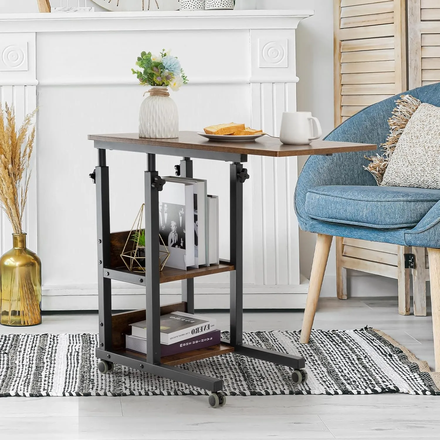 Hadulcet C Shaped Side Table Adjustable, Height Adjustable C Table with Wheels and Storage Shelves for Couch Bed Recliner Rustic Brown