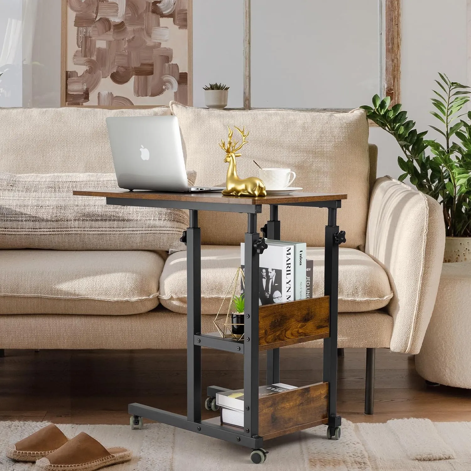 Hadulcet C Shaped Side Table Adjustable, Height Adjustable C Table with Wheels and Storage Shelves for Couch Bed Recliner Rustic Brown